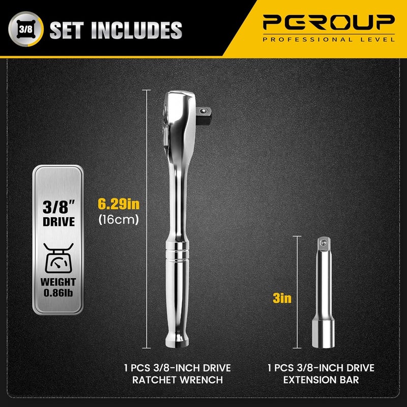 pgroup 3/8-Inch Drive Ratchet Wrench, 90-Tooth Quick-release Reversible Ratchet Wrench with an Extension Bar(3 inch), 6" Long Socket wrench, 4-Degree Swing, Full Polished,Cr-Mo Head For Gifting,Repairing - Image 2